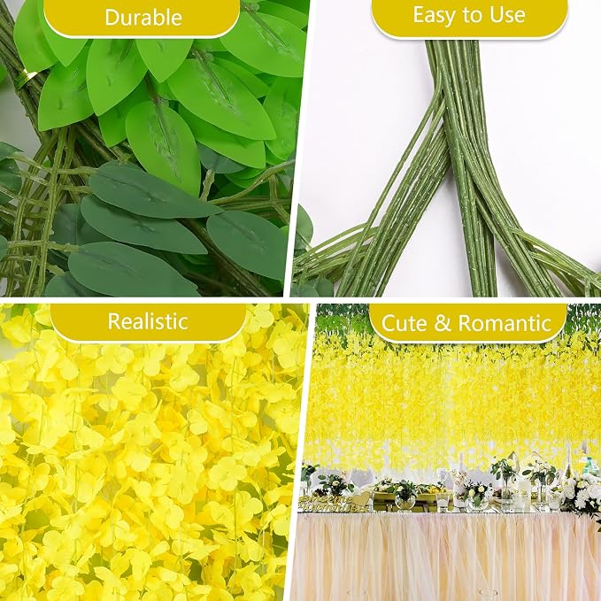 12Pcs Artificial Wisteria Hanging Flowers, 3.6Ft/Pcs Yellow Fake Wisteria Garland for Wedding Party Home Garden Indoor Outdoor Decoration