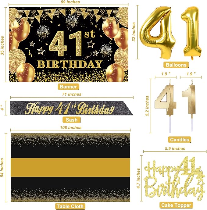 41st Birthday Decorations Men Women with 41st Birthday Banner, Black and Gold Table Cloth, Number Balloons, Large Sash, Cake Topper and Candles