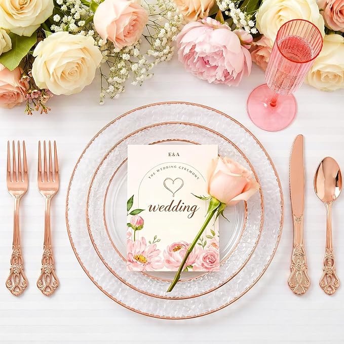 102PCS Rose Gold Plastic Plates - Clear Rose Gold Disposable Plates - Elegant Hammered Plate Include 51PCS 7.5inch Dessert & 51PCS 10.25inch Dinner Plate for Wedding Party