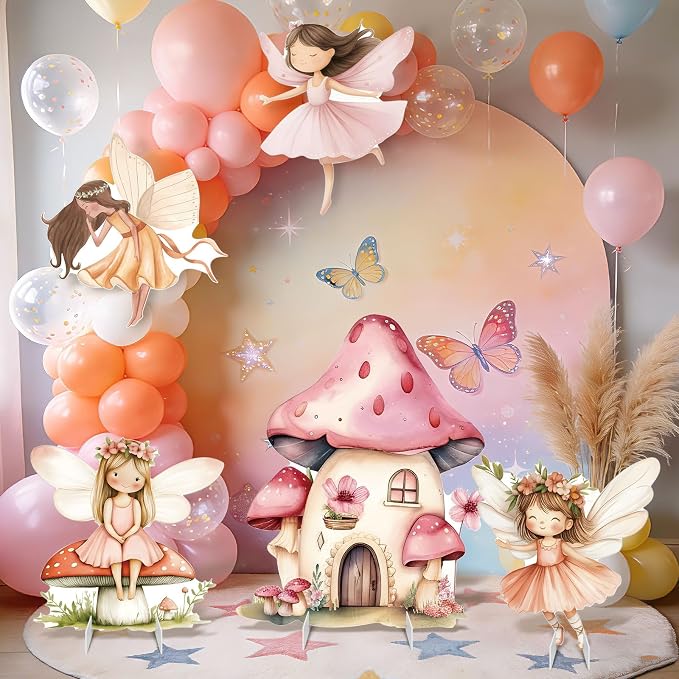 Fairy First Birthday Decoration 5PCS Floral Fairy Princess Cardboard Cutout Pink Stand Up Prop Mushroom Door Backdrop Yard Stake for Enchanted Woodland Fairytale Party Decor