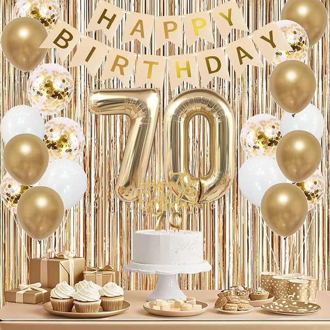 Trgowaul 70th Birthday Decorations for Women, Banner, Sash and Crown, Cake Topper, 70 Number Balloon, Fringe Curtains, Champagne Gold 70th Birthday Party Supplies