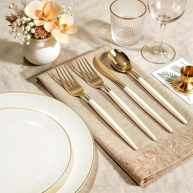 DaYammi 150Pcs Ivory Plastic Plates with Gold Rim,Disposable Plastic Plates Include 30 Dinner Plate,30 Salad Plate,30 Forks,30 Spoons,30 Knives,Ivory and Gold Plates for Party,Wedding,Mother's Day