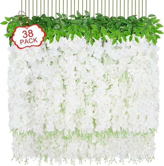 Yastouay 38 Pcs Wisteria Hanging Flowers, 3.77 Ft/Pcs Artificial Hanging Flowers, White Fake Wisteria for Wedding Party Ceremony Backdrop Home Decoration