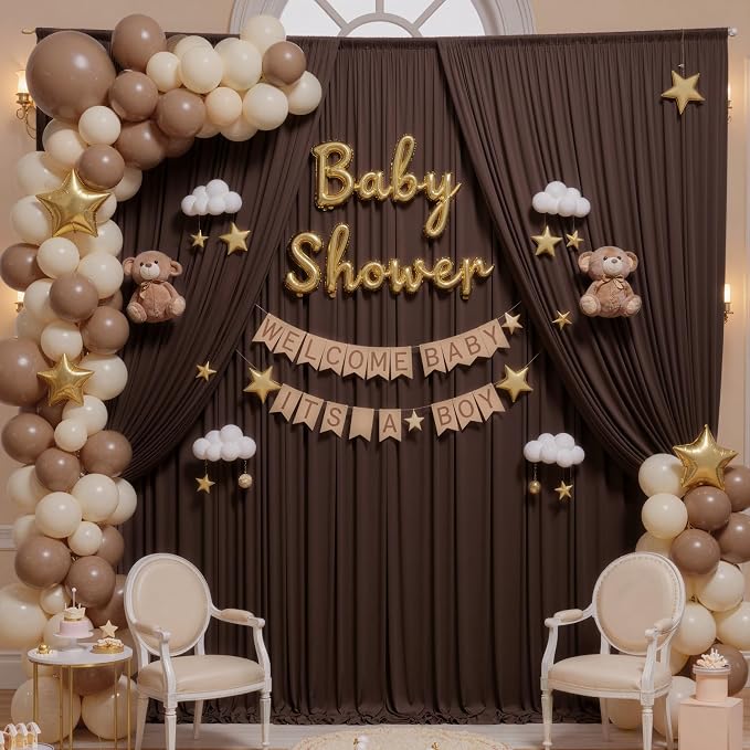 10x16ft Brown Backdrop Curtains for Wedding Party, 2 Panels 16 ft Long Back Drop Cloth, Wrinkle-Free Polyester Drapes for Birthday, Baby Shower, Stage Photography Background