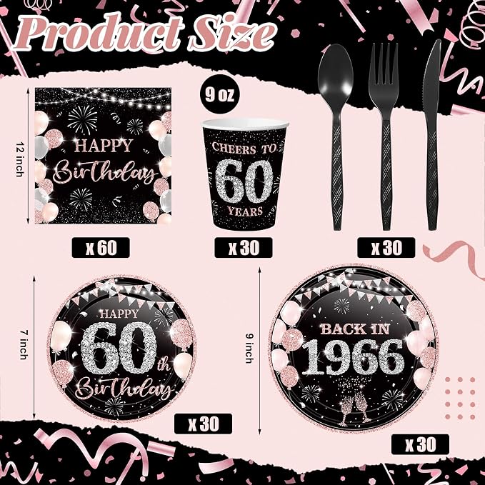 240 Pcs 60th Birthday Decorations 1966 Birthday Party Tableware Include Plates Napkins 9oz Cups Cutlery 60th Anniversary Party Supplies for Men Women Him Her, Serve 30 Guests (Black Pink)