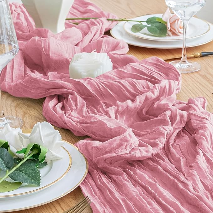 3PCS Table Runner Cheesecloth 10FT Pink Boho Gauze Cheese Cloth Rustic Sheer Table Runners for Wedding Birthday Bridal Baby Shower Party Decoration