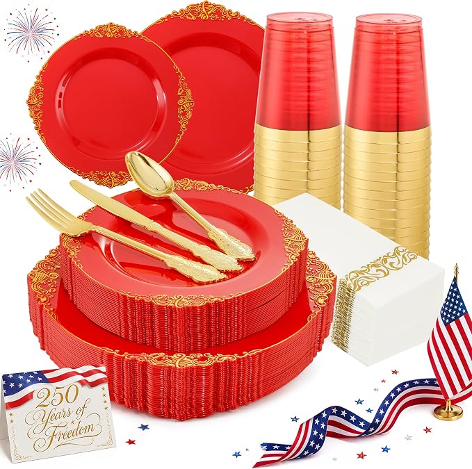 Morejoy 175PCS Red Plastic Plates,Red Disposable Plates With Gold Rim,Red and Gold Plastic Dinnerware Set Includes: 50 Plates,25 Silverware Sets,25 Cups,25 Napkins,Perfect for Party,Mother's Day