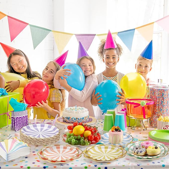 144 Pcs 48 Guests Pastel Striped Party Plates and Napkins Scalloped Pastel Carnival Paper Plates and Napkins Colored Disposable Tableware for Baby Bridal Shower Wedding Tea Party Supplies