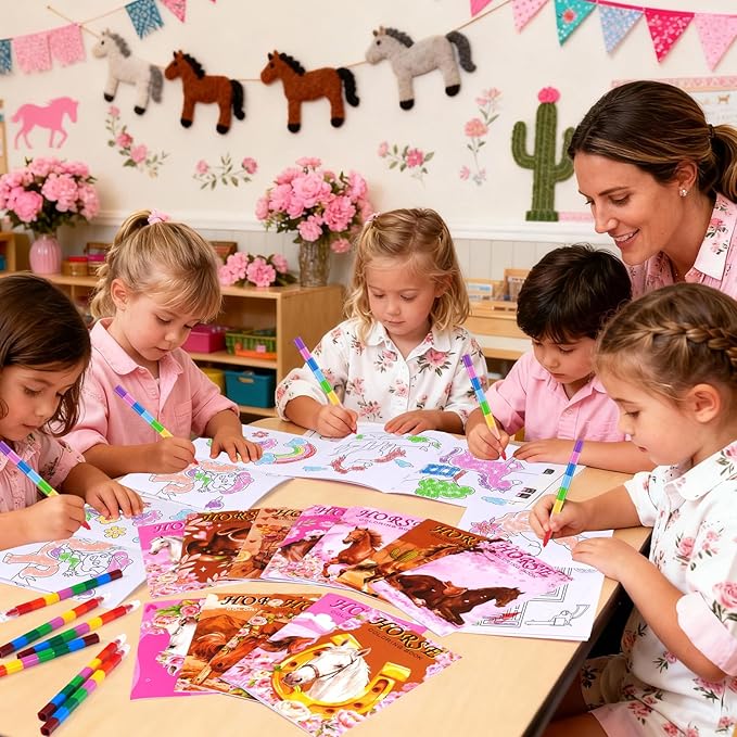 BenLouis 24 Horse Floral Mini Coloring Books Kids with 24 Stacking Crayons Cowgirl Party Party Favors Activity Books Bulk for Kids Girls Horse Racing Flower Goodie Bag Gift Stuffer Classroom Reward