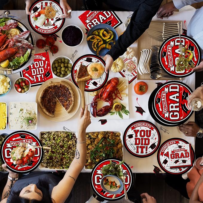 Gatherfun Graduation Party Supplies Dinnerware Set red Disposable dinner paper plates dessert paper plates and Napkins for Congrats Grad Party Decorations, Serve 50