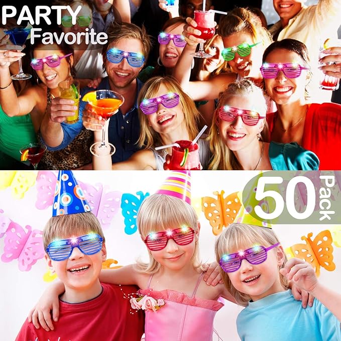 iGeeKid 50 Pack LED Glasses Light Up Party Glasses Glow In The Dark Party Supplies Shutter Neon Toys Flashing Glasses Party Patriotic