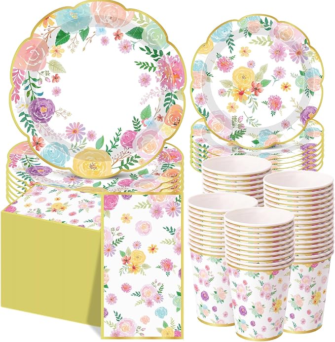 Pickmesh 250 Pcs Garden Blooms Wildflower Disposable Tableware Set Watercolor Floral Paper Plates Napkins and Cups for Wedding Birthday Party Supplies Bridal Baby Shower Engagement, Serve 50 Guest