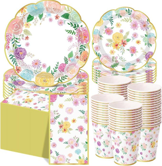 Pickmesh 250 Pcs Garden Blooms Wildflower Disposable Tableware Set Watercolor Floral Paper Plates Napkins and Cups for Wedding Birthday Party Supplies Bridal Baby Shower Engagement, Serve 50 Guest