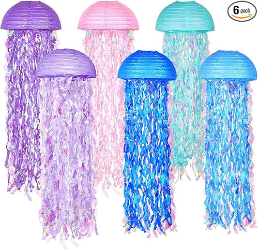 OBXT 10" Mermaid Jellyfish Lanterns – Pink Purple Blue Decorations for Mermaid Birthday Party, Under the Sea Theme, Baby Shower, Ocean & Beach Room Hanging Decor (Set of 6)