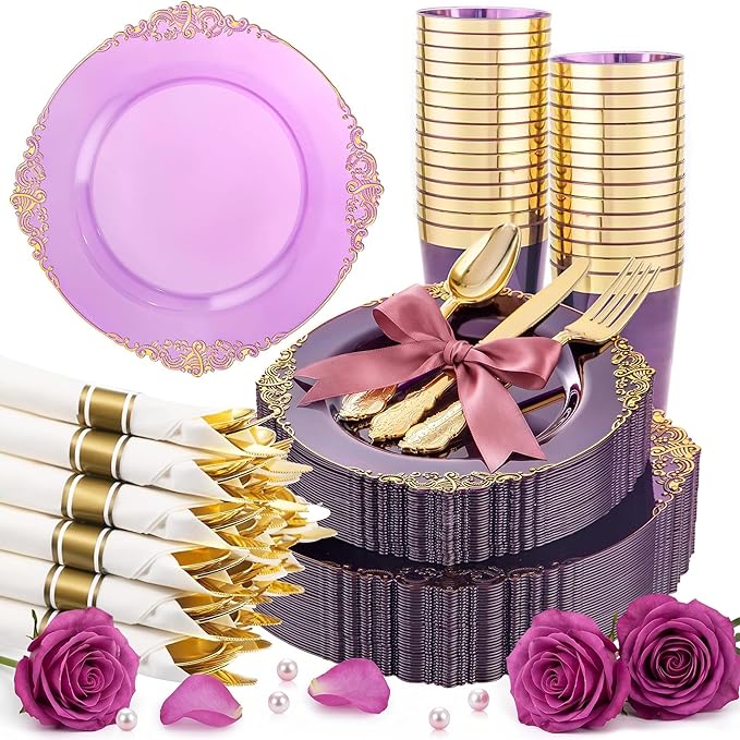 Hioasis 210pcs Purple and Gold Plates - Purple Party Plates for 30 Guest, Include 60 Heavy-duty Plates(20% Thicker Than Standard), 30 Pre Rolled gold Plastic goldware Set, 30 Cups