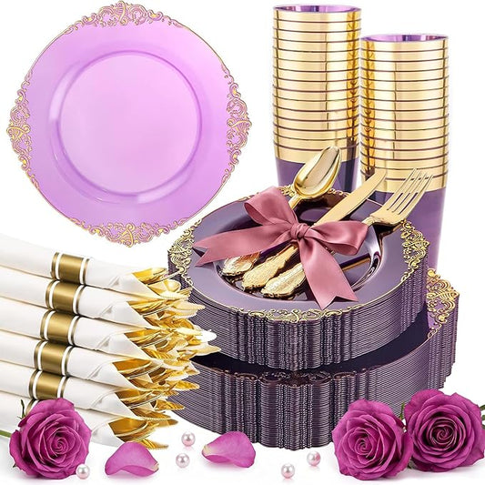 Hioasis 210pcs Purple and Gold Plates - Purple Party Plates for 30 Guest, Include 60 Heavy-duty Plates(20% Thicker Than Standard), 30 Pre Rolled gold Plastic goldware Set, 30 Cups