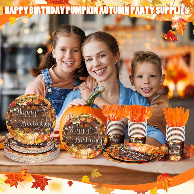 168 Pcs Fall Birthday Decorations Autumn Themed Party Supplies Maple Leaves Pumpkin Tableware Set Disposable Paper Plates Cups Utensils for Birthday Baby Shower Party Serve 24