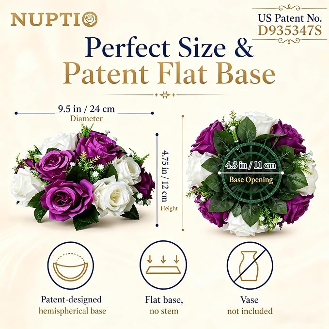 NUPTIO Flower Balls Centerpieces for Tables: 6 Pcs Purple White Fake Roses | 9.5 inch Diameter, Artificial Flower Arrangements for Wedding, Birthday Party, Bridal Shower, Quinceanera Decorations