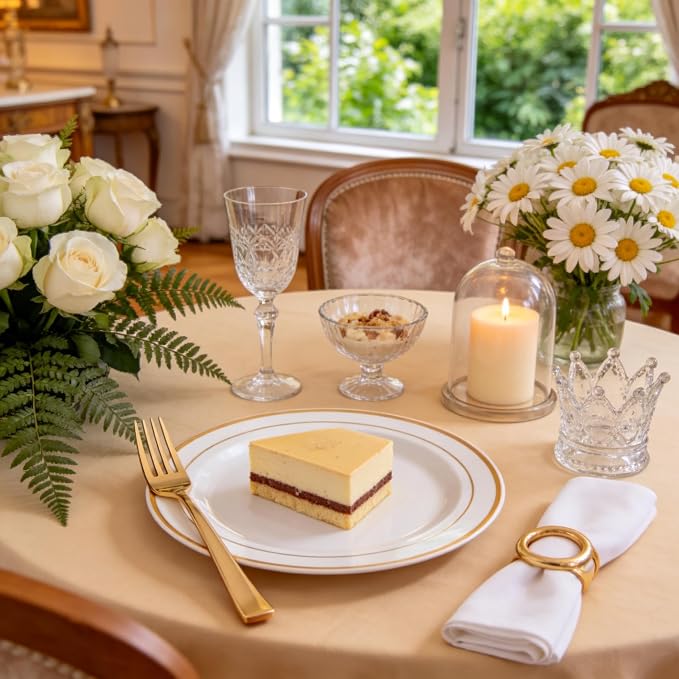 I00000 144 Small Plastic Dessert Plates Set Include 72 Pcs Gold Dessert Plates 7.5" with 72 Pcs Forks 7.5",Disposable Cake Plate,Fancy White Gold Plastic Small Plates for Party