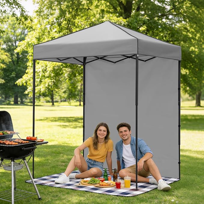 6x4 Pop Up Canopy Tent with One Wall Panel, Instant Portable Beach Canopy, Outdoor Tent with Carry Bag for Camping, Sports, Tailgating, Events, Gray