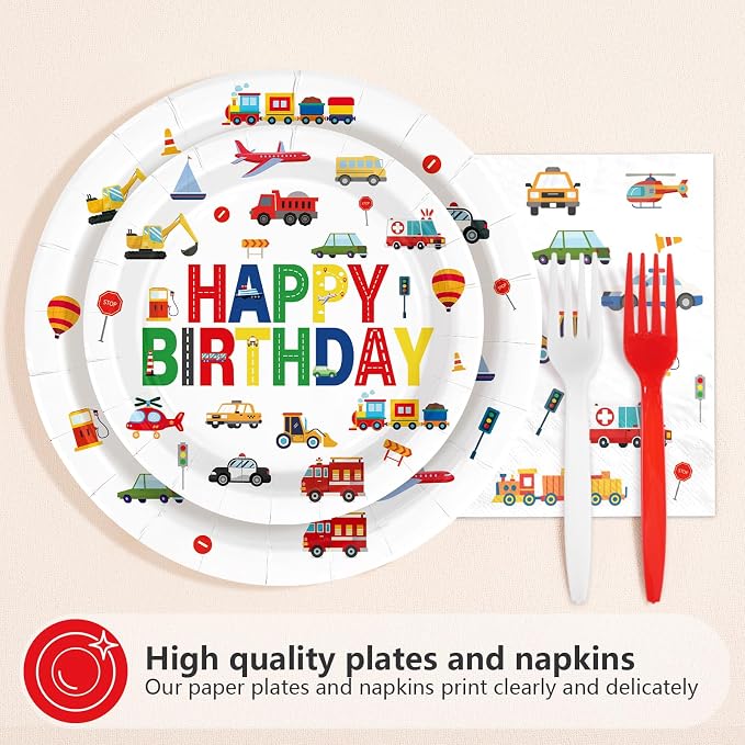 96Pcs 3rd Birthday Cars Party Decorations Transportation Plates and Napkins Tableware Set Car Train Plane Sailboat Tableware Set for Boys 3 Years Old Traffic Theme Party Supplies Serves 24