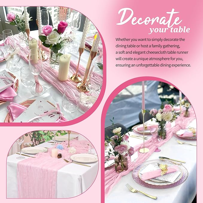 10 Pack Cheesecloth Table Runner Light Pink, Rustic Boho Gauze Fabric Table Runner Romantic Table Runner for Wedding, Festival, Birthday, Anniversary, Dinner and Outdoor Events (17.7 x 108 inch)