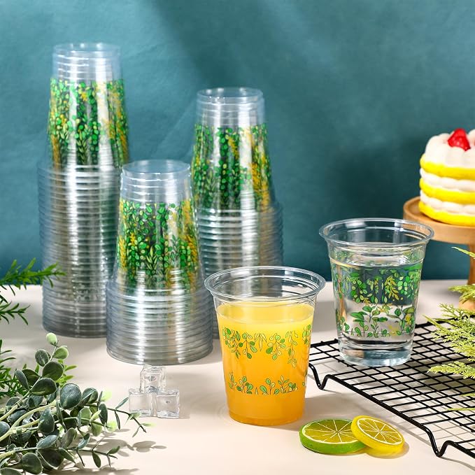 Funnymoom 60 Pack Eucalyptus Baby Shower Cup 12 oz Sage Green Disposable Clear Plastic Cups for Greenery Baby Shower Wedding Birthday Gender Reveal Party Decoration Supplies