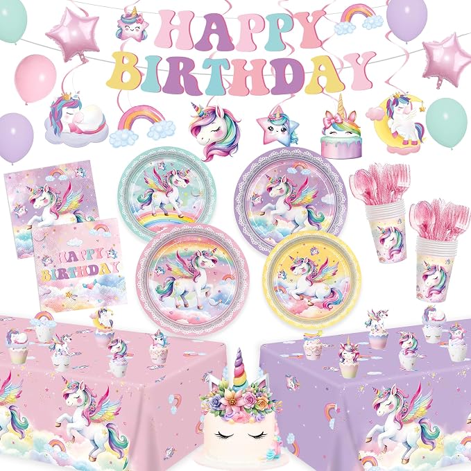 210pcs Unicorn Birthday Party Supplies Plates Napkins Unicorn Party Decorations Include Paper Plates Napkins Cup Cutlery Balloon Hanging Swirl Tablecloth Tableware for Girl Birthday Decor Serve 24