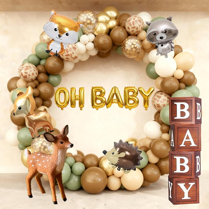 Woodland Baby Shower Decorations Neutral - Forest Animals Party Supplies Include Balloon Garland Arch, Oh Baby Backdrop, 4 Wood Grain Boxes, Fox Deer Raccoon Foil Balloons - Sage Green Gold