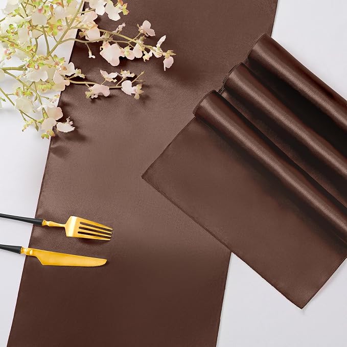Horbaunal 2 Pack Brown Satin Table Runner 12 x 108 Inch, Smooth Table Runners for Wedding Banquets Birthday Party