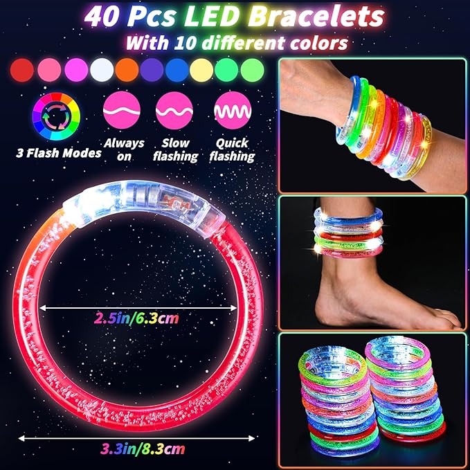 80 Pcs Glow in the Dark Party Supplies with Light up Glasses LED Bracelets 10 Neon Colors Glow Stick Bracelet Flashing Glasses for Kids Adult Rave Birthday Halloween Christmas Party Toys Favors