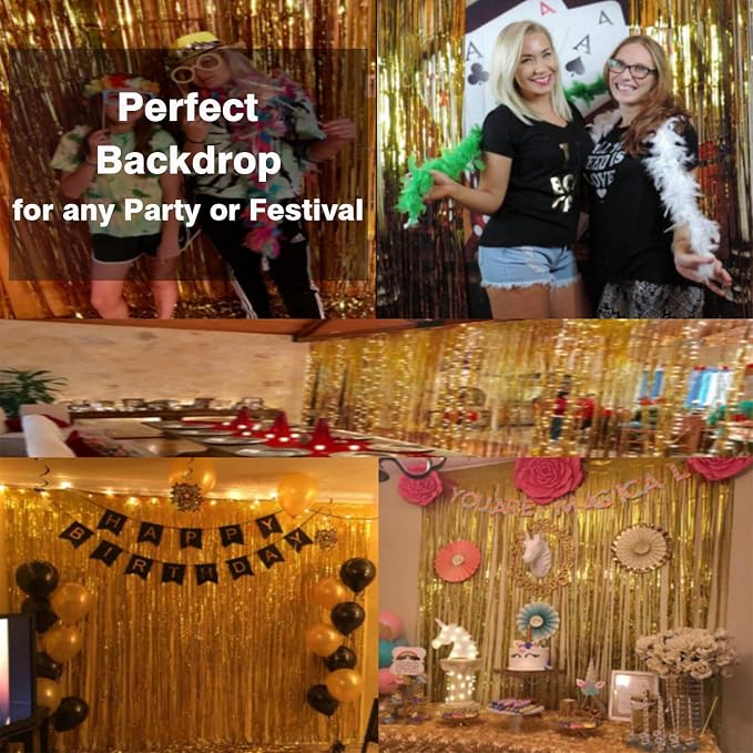 GOER Metallic Tinsel Foil Fringe Curtains Party Photo Backdrop Party Streamers for Birthday,Graduation,New Year Eve Decorations Wedding Decor (Champagne Gold,5 Packs)