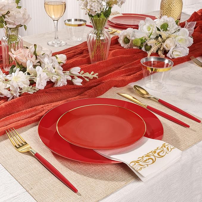 350 PCS Red Plastic Dinnerware Set, Red and Gold Rim Disposable Plates for Party, Include 100 Plates with 150 Plastic Cutlery, 50 Napkins and 50 Cups