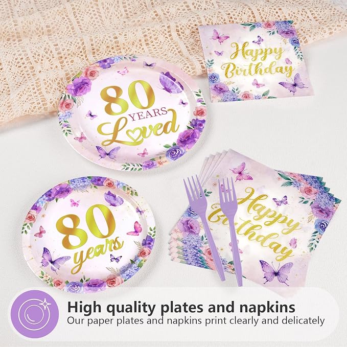 96Pcs 80th Birthday Party Decoration Purple Floral Butterfly Plates and Napkins 80 Years Loved Tableware Set for 1946 Woman 80 Year Old Mom Grandma Birthday Party Supplies Serves 24