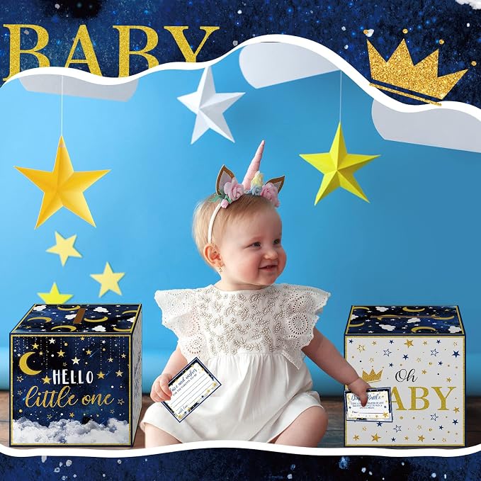 Teling 51 Pieces Diaper Raffle Tickets with Card Box Baby Shower Decorations Baby Shower Holder Box for Girl Boy Diaper Raffle Party(Twinkle Twinkle Little Star)