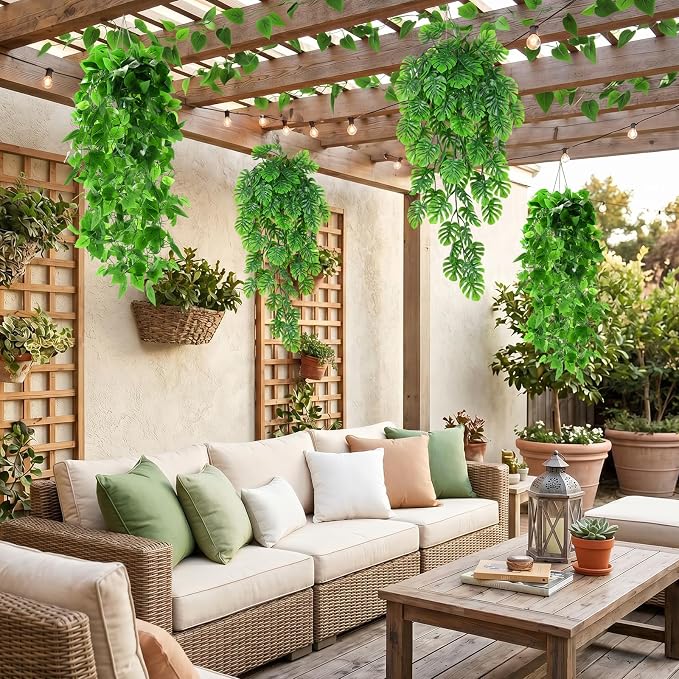 Daifunli 12 Pcs Artificial Hanging Plants Fake Hanging Ferns Plastic Fake Plant for Wall Room Garden Garland Indoor Outdoor Decor No Basket (Monstera Vine,Ivy Vine)