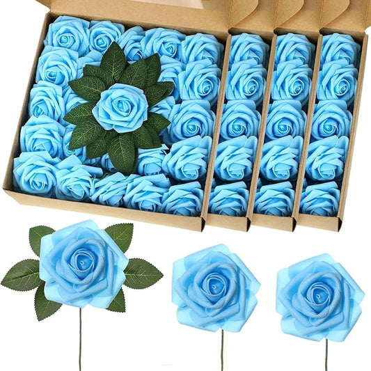100 Pcs Artificial Foam Rose Flower Faux Bouquet Wedding Fake Rose Gift for Mother's Day Women DIY Bridal Shower Party Table Birthday Home Spring Decor (Light Blue)