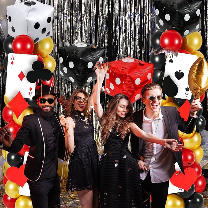 2 Sets Casino Theme Balloon Column Stand Kits Red Black Gold Balloons Column Kit with Dice Poker Tower Stand Kit 2 Sets Balloons Tower Sets for Las Vegas Game Night Themed Party Supplies