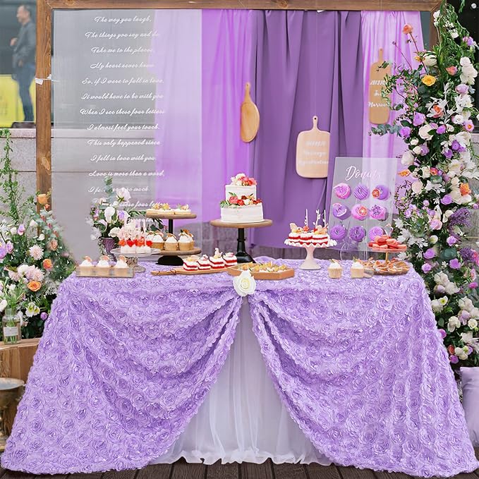 Fanqisi 50x102 Inches Rosette Satin Tablecloth Lavender Rosette Tablecloth 3D Rosette Table Line Rectangle Table Cover Wedding Party Baby Shower Decor