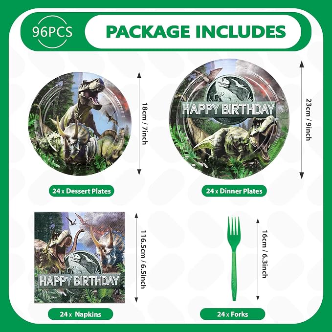 96Pcs Dinosaur Birthday Party Decorations Dinosaur Plates and Napkins Disposable Dino Paper Tableware Set for Dino Theme Jungle Birthday Baby Shower Party Supplies, Serves 24