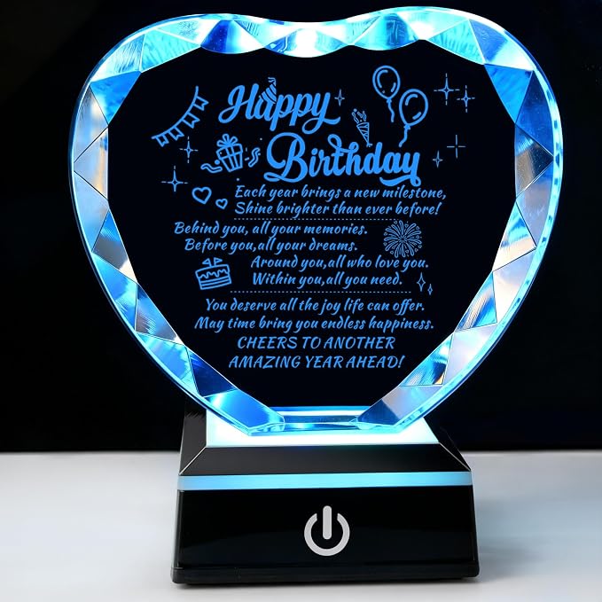 Birthday gift Love crystal with color LED base laser engraving, for husband, wife, mother, father and friends to prepare a unique birthday crystal decoration ideas.