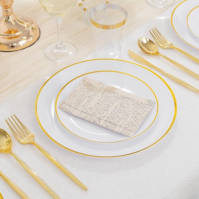 EI 180pcs White and Gold Plastic Plates,Gold Plastic Plates for Party,Fancy Plate Disposable Dinnerware Sets,Gold Disposable Silverware and Cups for Wedding,Baby Shower,Spring Afternoon Tea