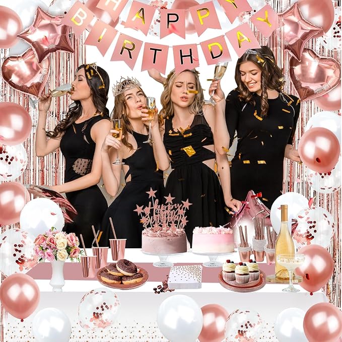 255 Pcs Rose Gold 50th Birthday Decorations for Women – Party Decoration Supplies Kit with “Happy Birthday” Banner, Balloons, Crown, Sash, Cake Topper, Tableware & Fringe Curtain for 25 Guests