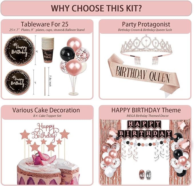 UJoyant Birthday Decorations For Women, 229 Pcs Rose Gold and Black Happy Birthday Supplies - Disposable Dinnerware Set with 25 Guest, Balloons, Sash, Tiara, Banner, Fringe Curtain, Photo Booth Props