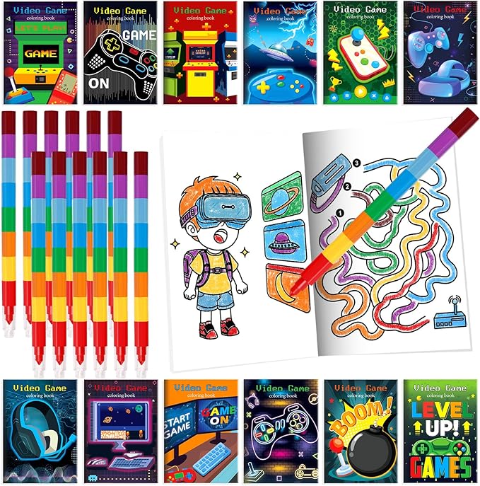 BenLouis 24 Video Game Mini Coloring Books Kids with 24 Stacking Crayons Gaming Party Favors Activity Books Bulk for Kids Boys Neon Game Level Up Goodie Bag Gift Stuffer Classroom Reward