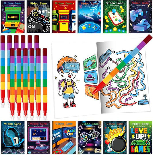 BenLouis 24 Video Game Mini Coloring Books Kids with 24 Stacking Crayons Gaming Party Favors Activity Books Bulk for Kids Boys Neon Game Level Up Goodie Bag Gift Stuffer Classroom Reward