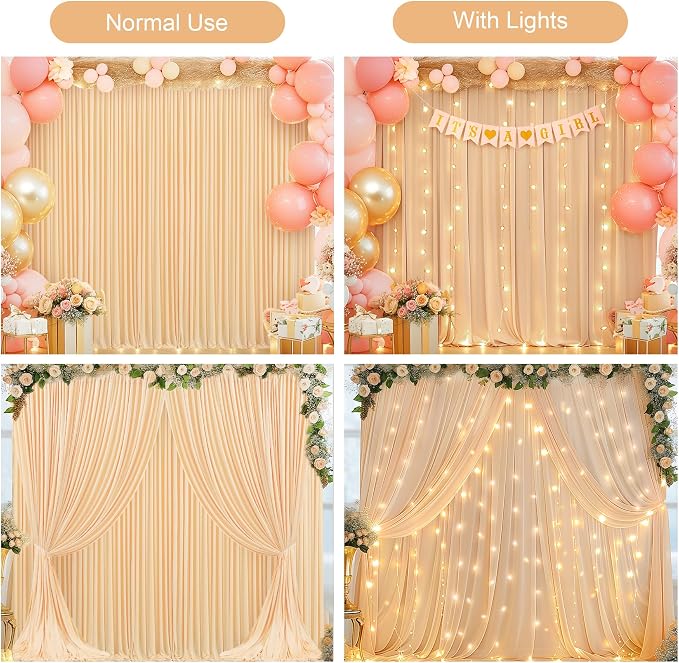 Dark Champagne Backdrop Curtains with Lights for Parties,10x10FT Wrinkle Free Polyester Wedding Photo Backdrop Curtains for Baby Shower Birthday Ceremony Reception Home Party Decorations-5ft x 10ft