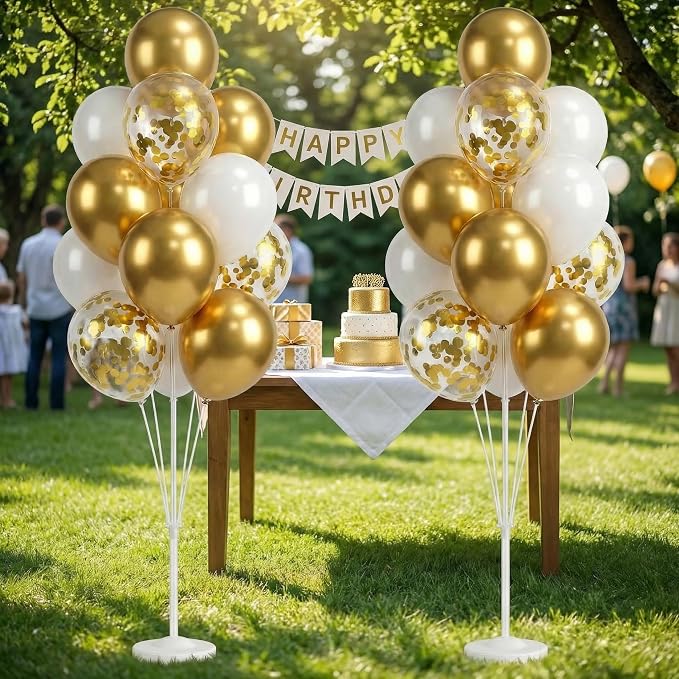 Balloon Column Kit Floor-Set of 2 with Gold Balloons-5FT Balloon Tower Stand Sticks with Water Base&Pole,Balloon Pillar Decoration for Anniversary Birthday Party,Baby Shower,Wedding,Bachelorette Party
