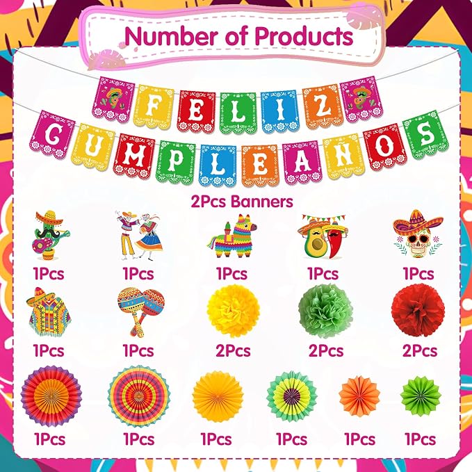 Rakuto Feliz Cumpleaños Party Decoracion Set, 21PCS Mexican Birthday Party Decorations with Banners Hanging Swirls Paper Fans Paper Poms, Fiesta Themed Día De Los Muertos Cinco De Mayo Decor