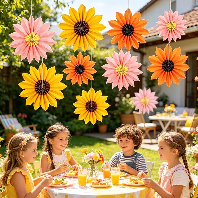 Orange Yellow Paper Fan, Pink, Orange and Yellow Paper Flowers for Sunflower Party Decorations, Paper Flowers Decorations for Wall, Sunflower Birthday Decor, Baby Shower, Classroom Decor